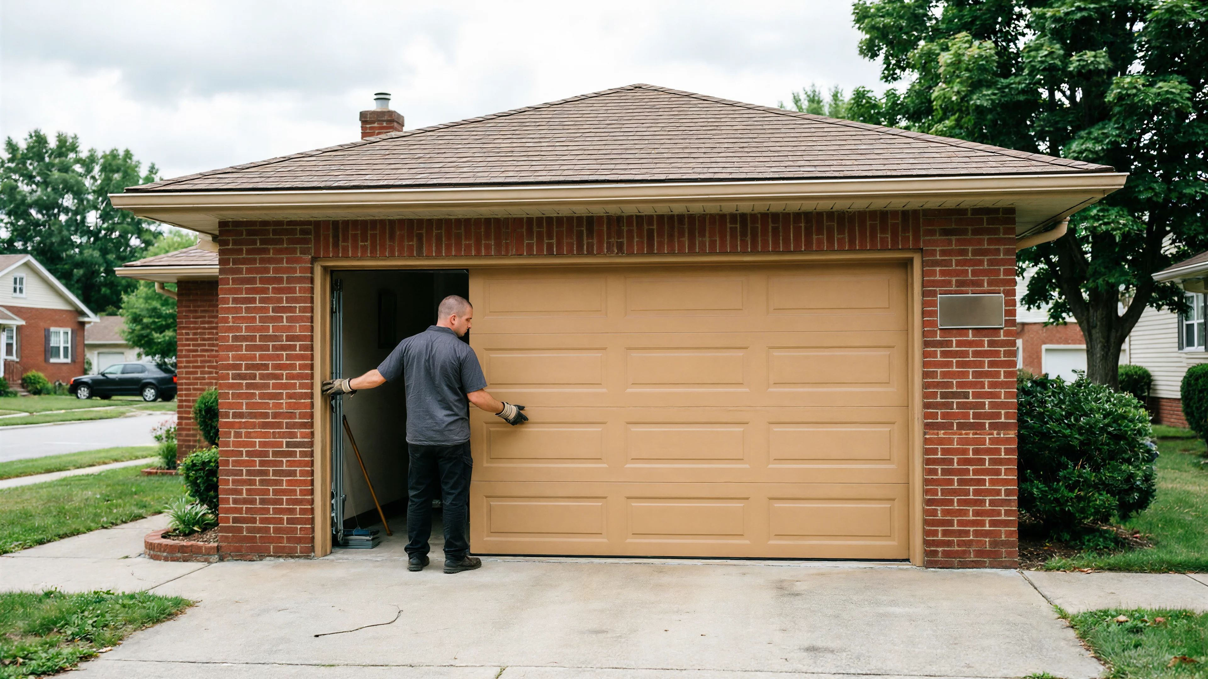 A technician in gloves is pushing a tan garage door on a brick house.